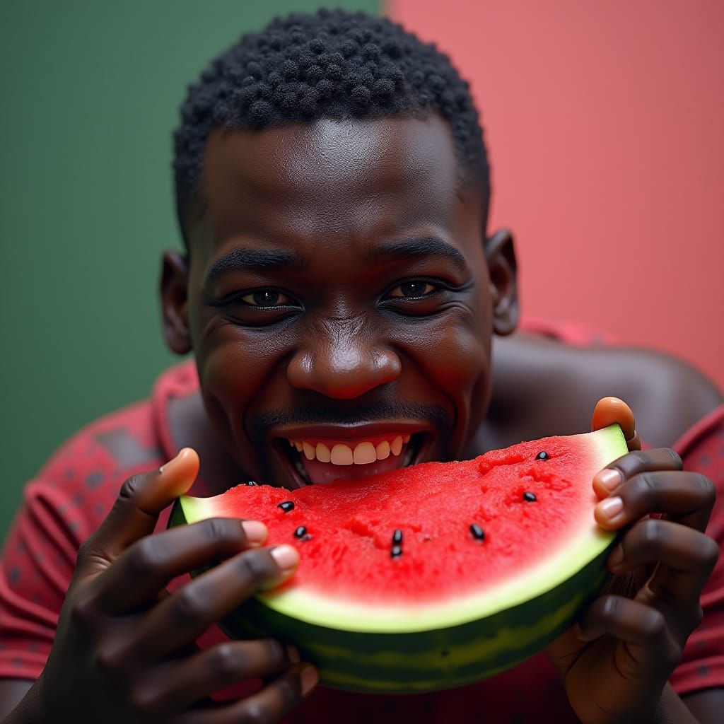 Happy Man Eating Watermelon: Detailed Matte Painting