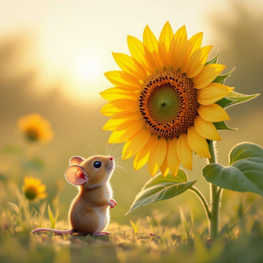 Adorable Mouse Gazes Up At Giant Sunflower