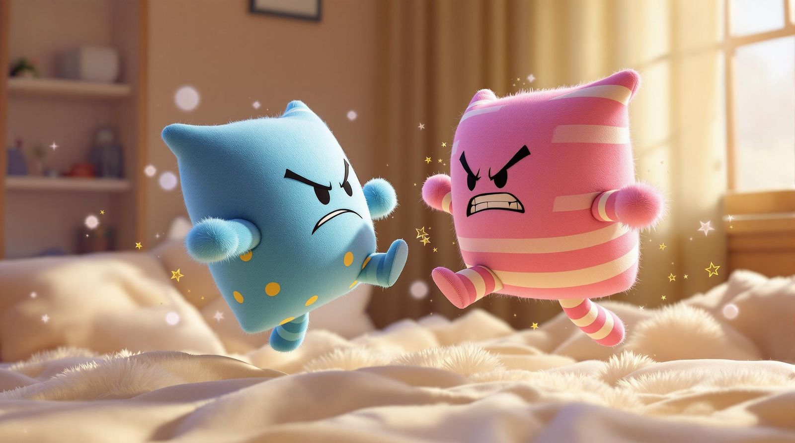 Surreal CGI Animation of Adorable Fighting Pillows in a Cozy...