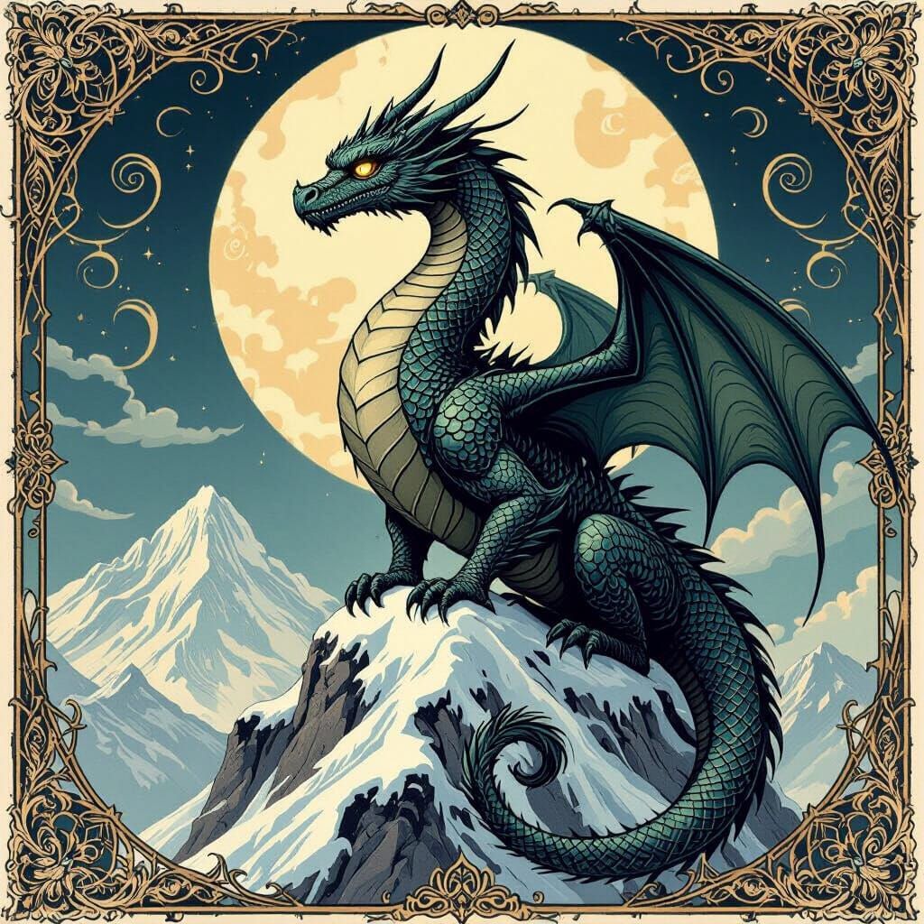 Dragon with Symmetrical Patterns in Gothic Engraving Style