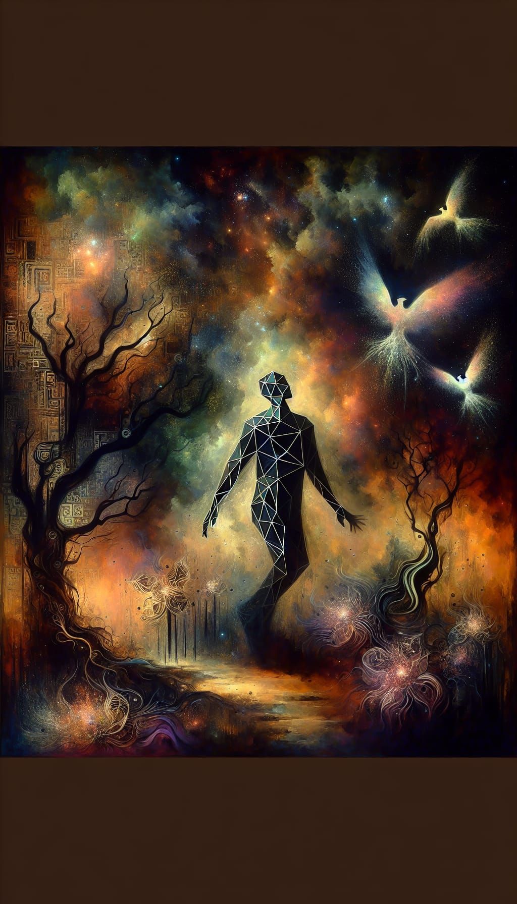 Iridescent Geometric God in Bioluminescent Forest: Ink Paint...