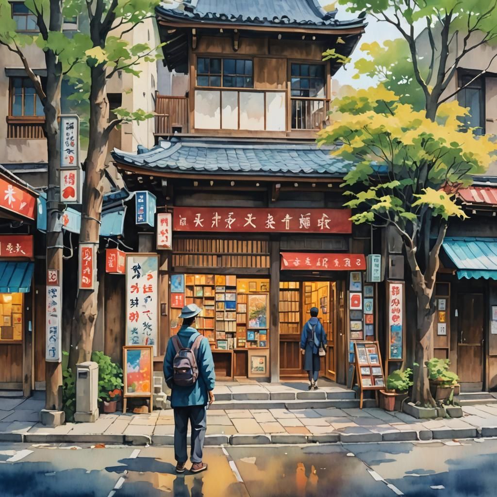 Japanese Bookstore Scene in Gouache Style