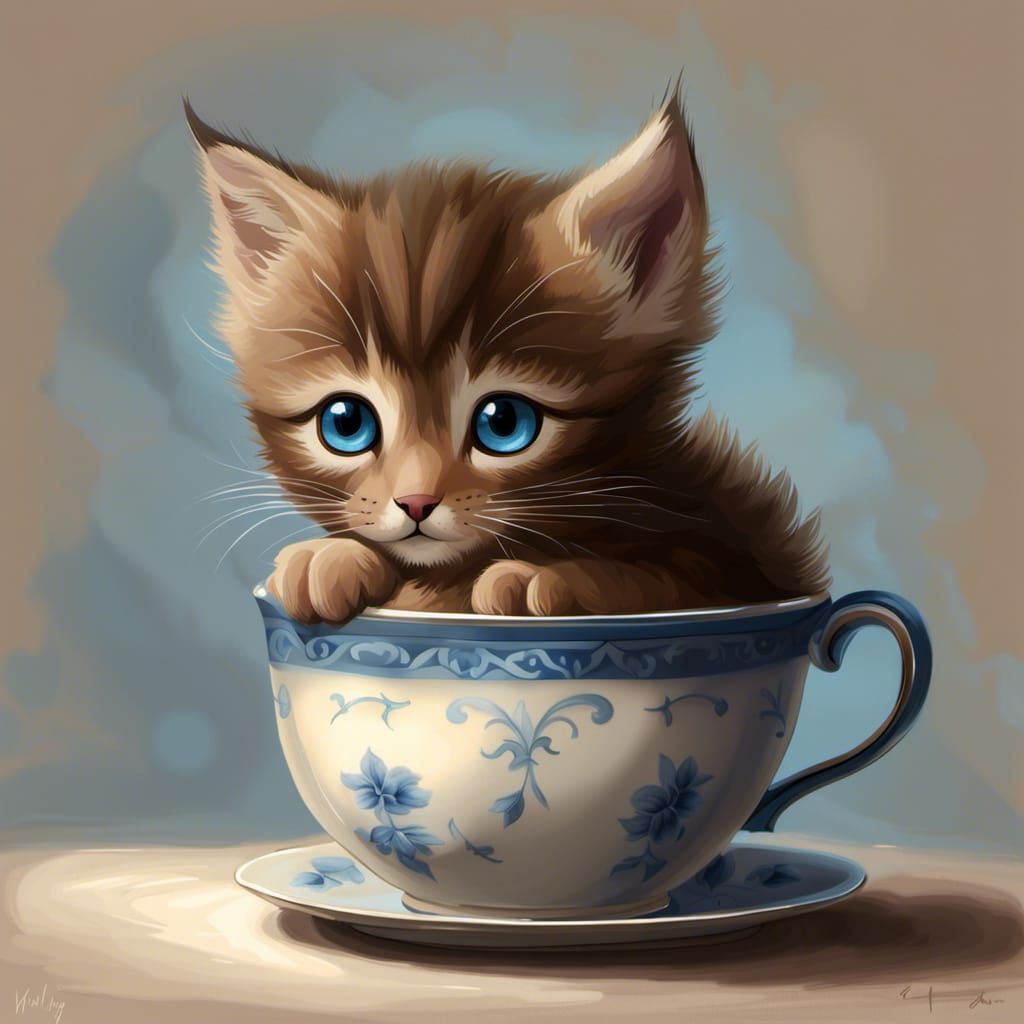 Melancholic Kitten in Teacup Digital Painting