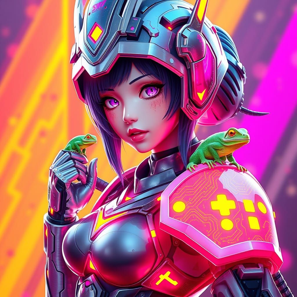 Cyberpunk Warrior Girl with Katana Helm and Gecko in Neon-Li...