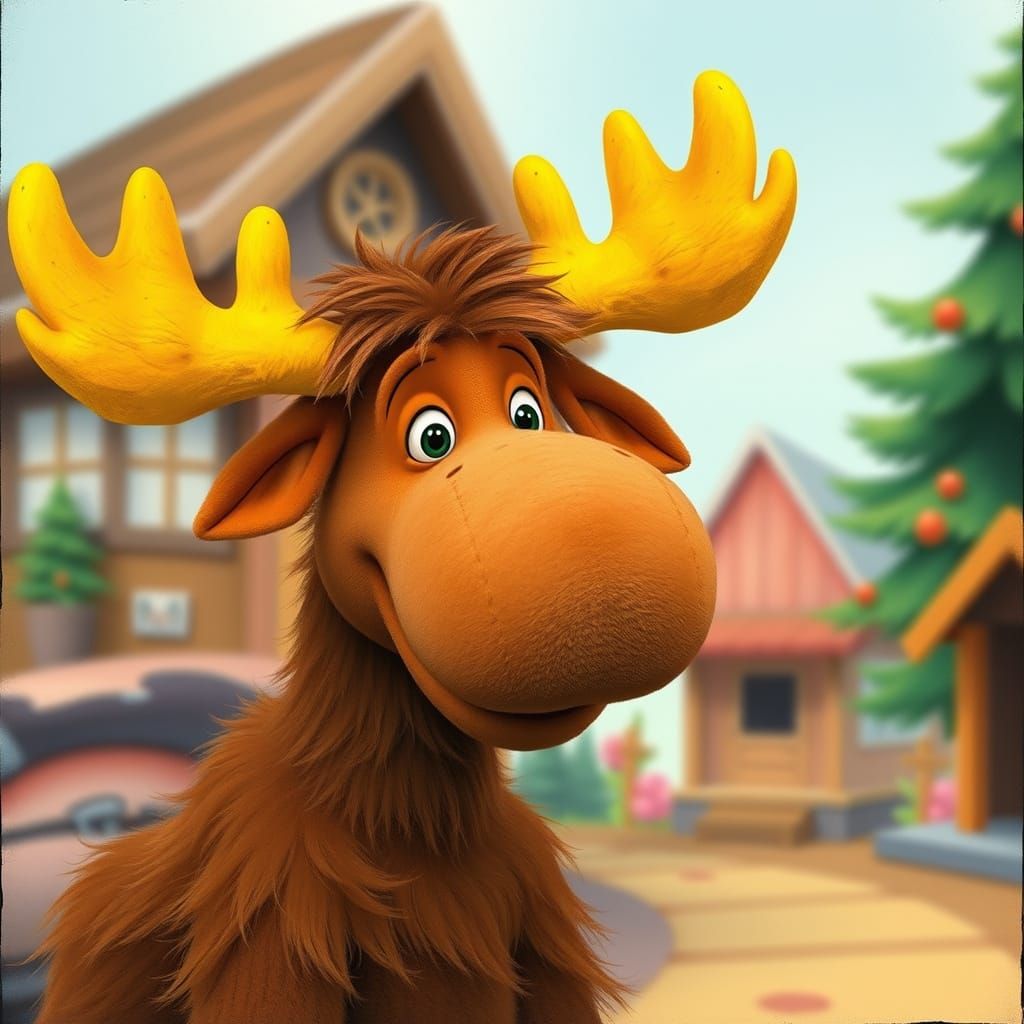 Mr. Moose, the puppet from the 1980s TV show "Captain Kangaroo". Brown moose, yellow antlers, big smile.