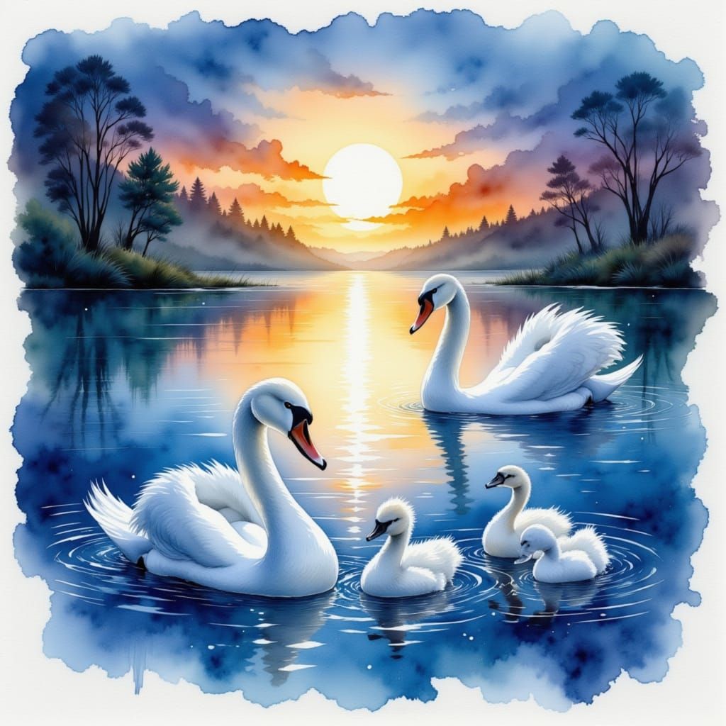 Realistic Swans and Cygnets at Twilight in Watercolor