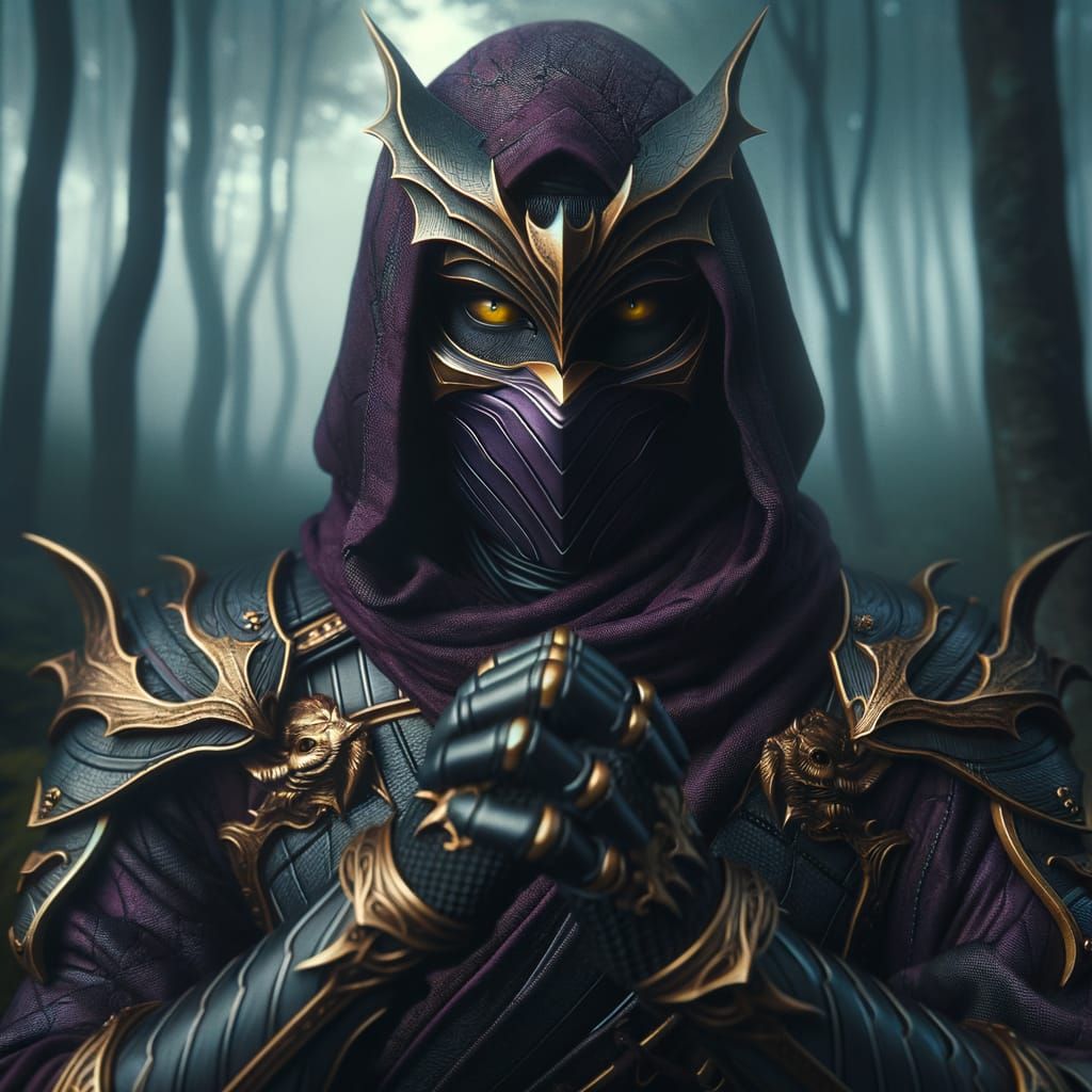 Mysterious Violet Ninja Warrior in Foggy Forest