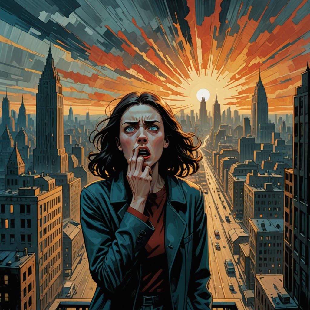 Anguished City Scream in Expressionist Comic Book Style