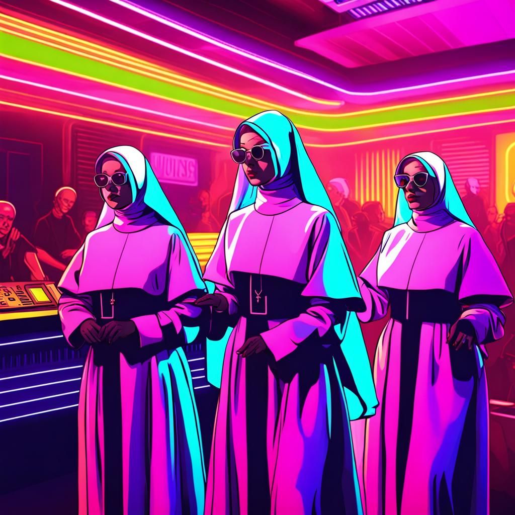 Nuns Dancing at a Club in Synthwave Style