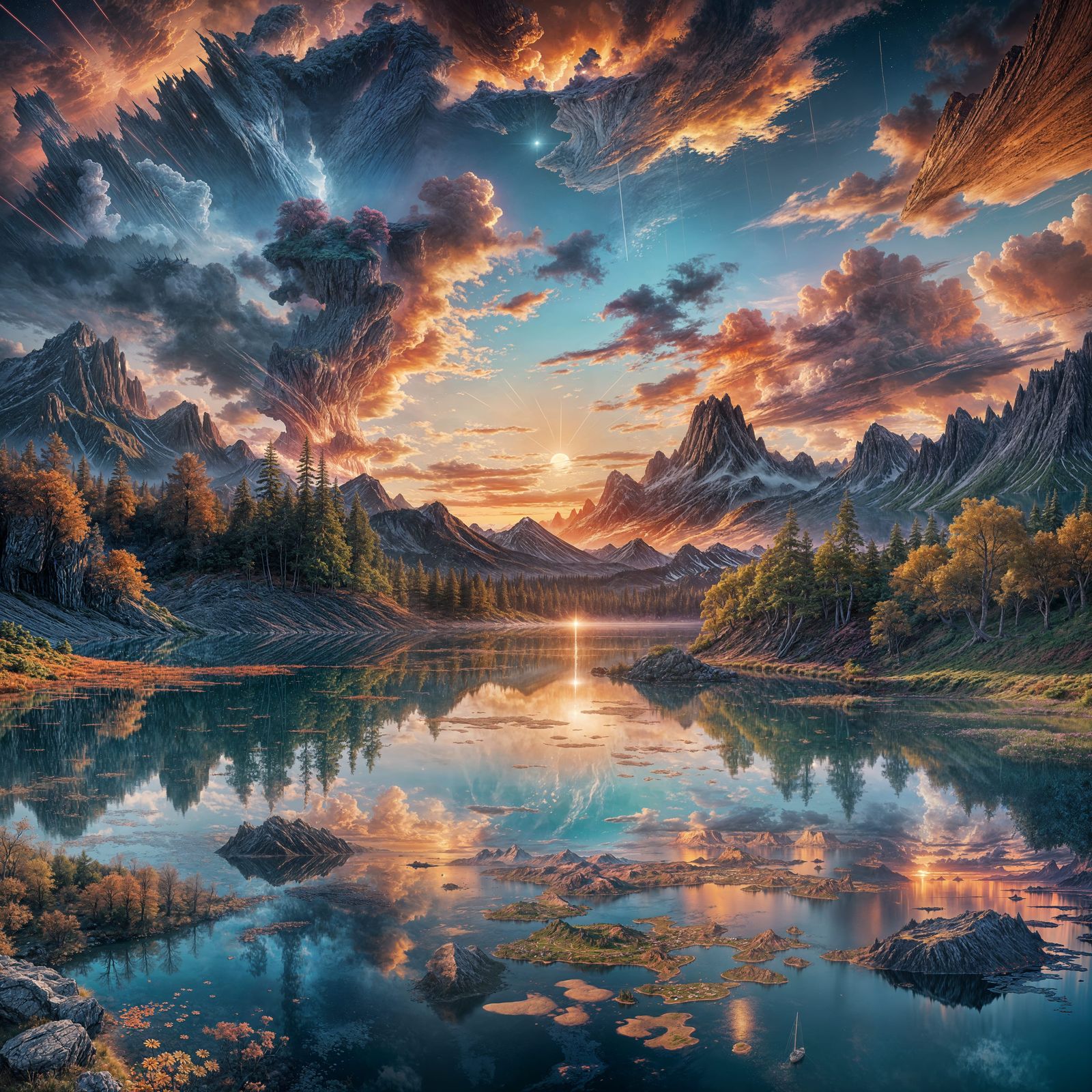 Dramatic Sunset Landscape with Ink Clouds, Matte Painting