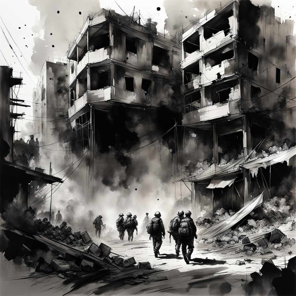 Monochrome Ink Painting of Bombed City