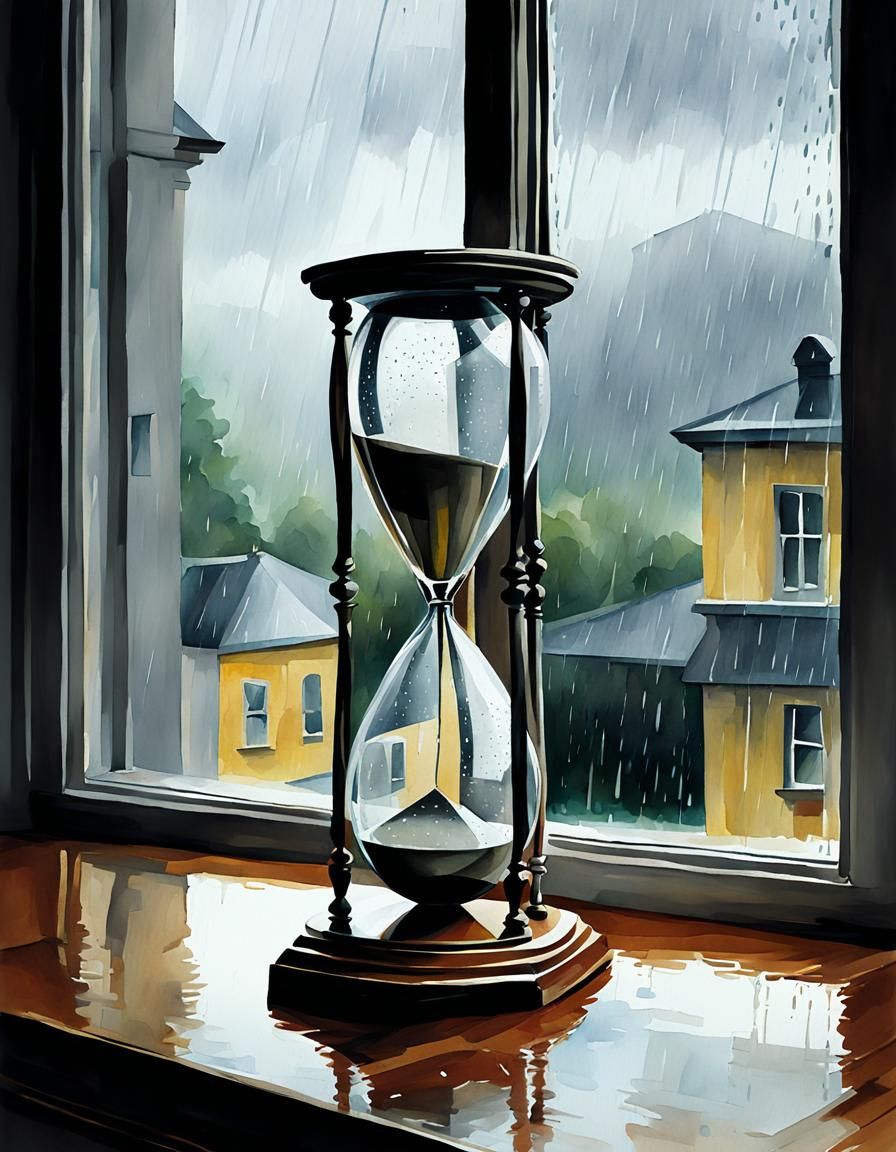 Delicate Hourglass on Rainy Windowsill in Watercolor