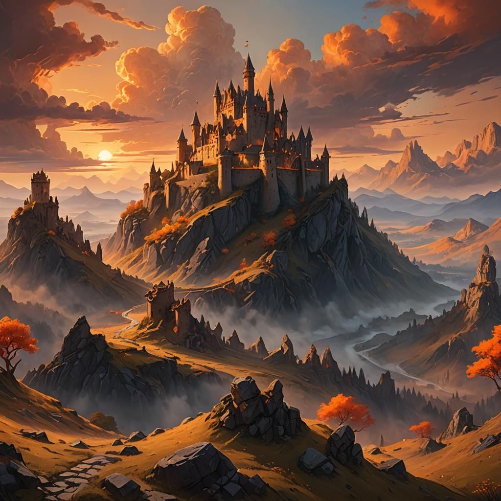Majestic Castle Ruins at Sunset: Fantasy Art