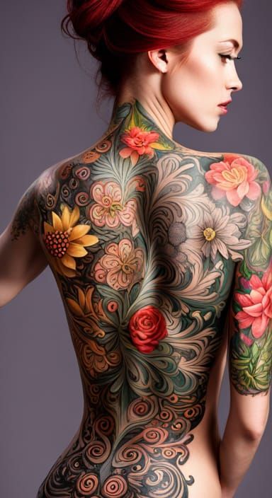 Detailed Flower Tattoos Cover Woman's Back
