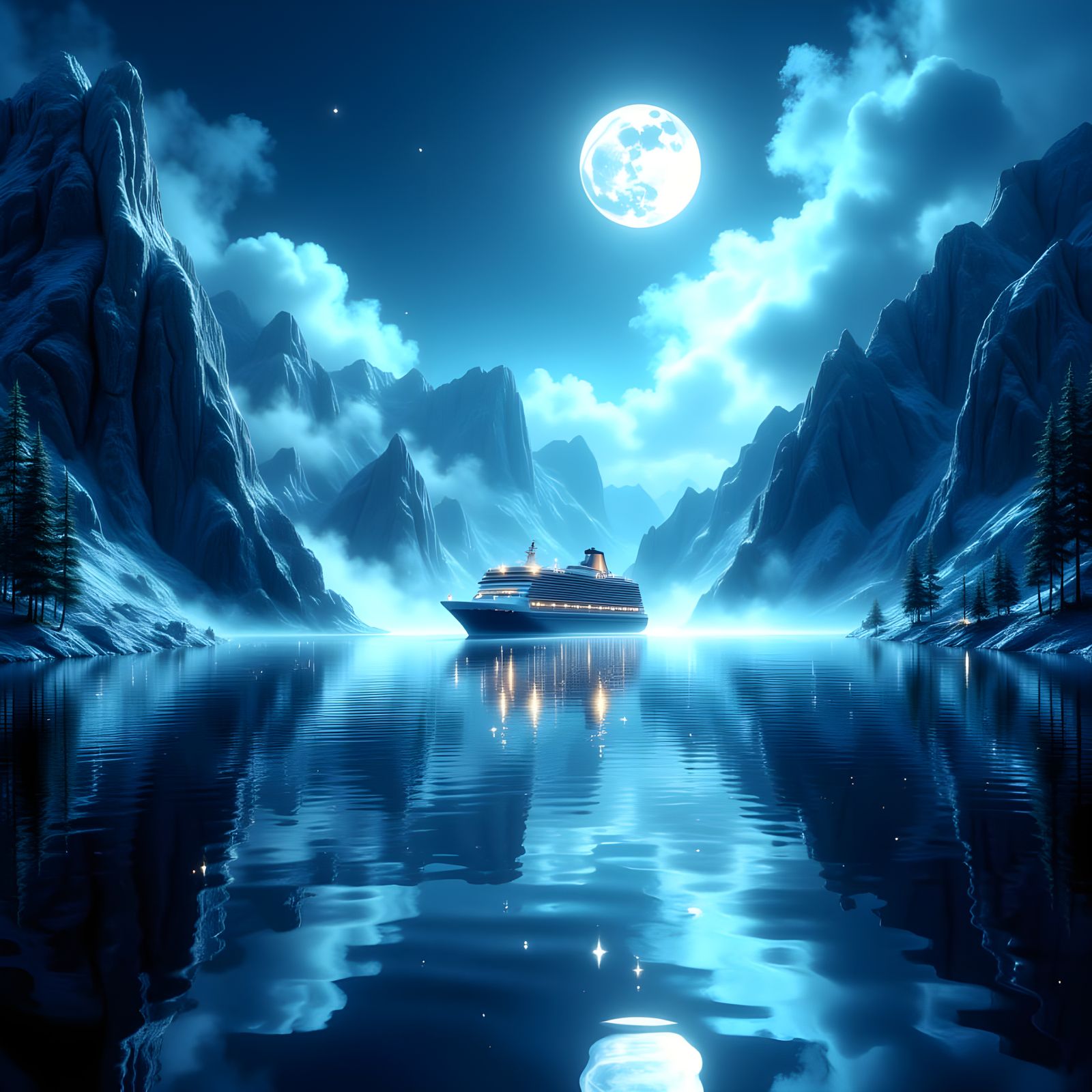 Norwegian Fjord Cruise Ship in Surreal Landscape