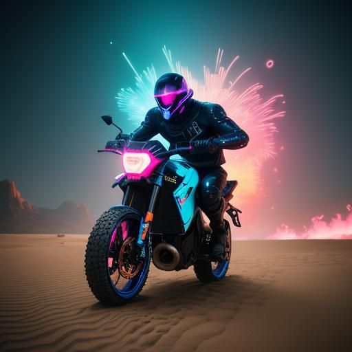 Cyberpunk Motorcyclist with Dragon in Desert Sandscape