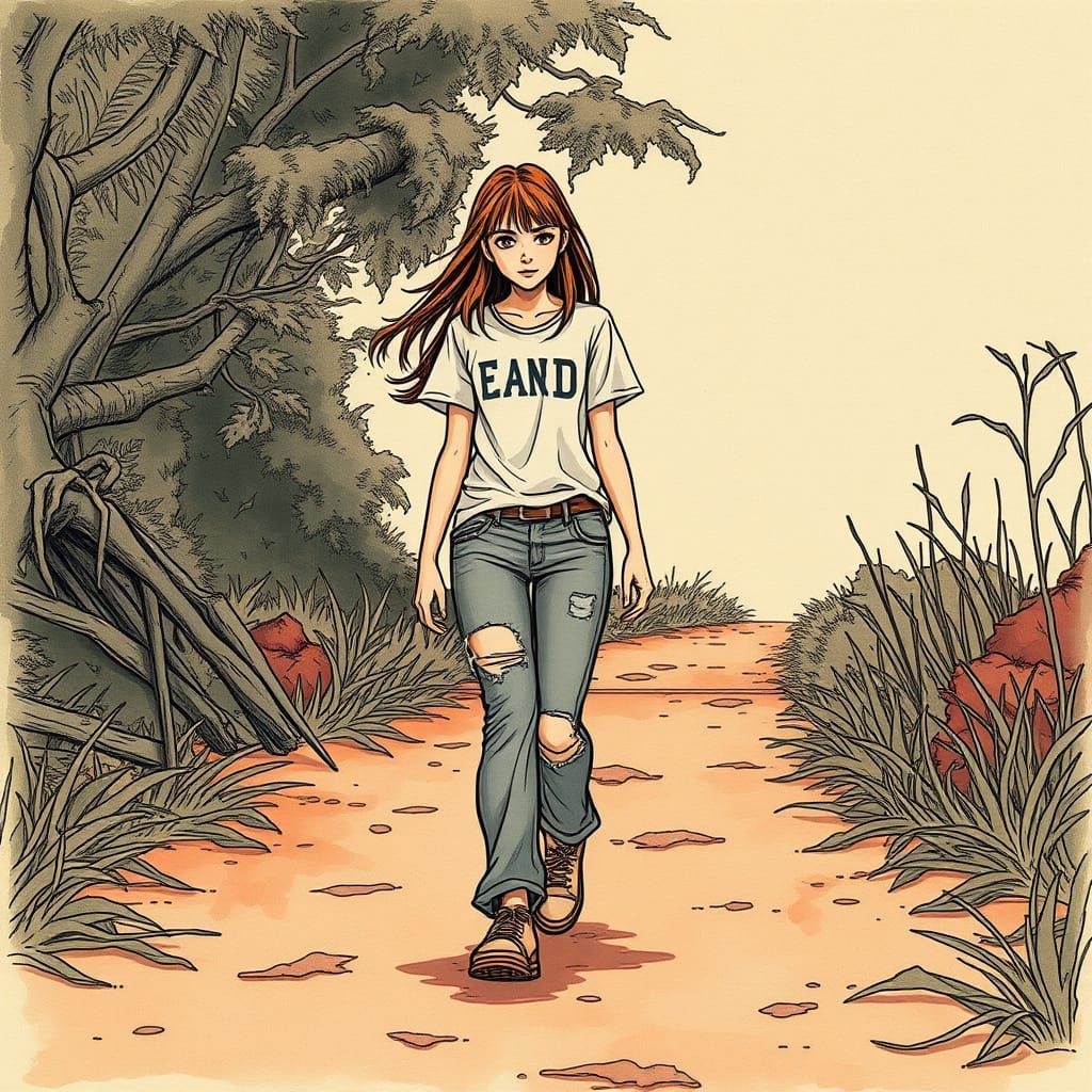 Lone Woman on Desolate Path in Watercolor Style