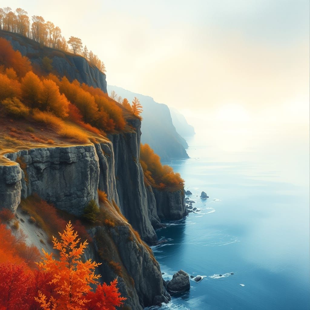 Majestic Autumn Landscape with Cliffside and Glacial Reflect...