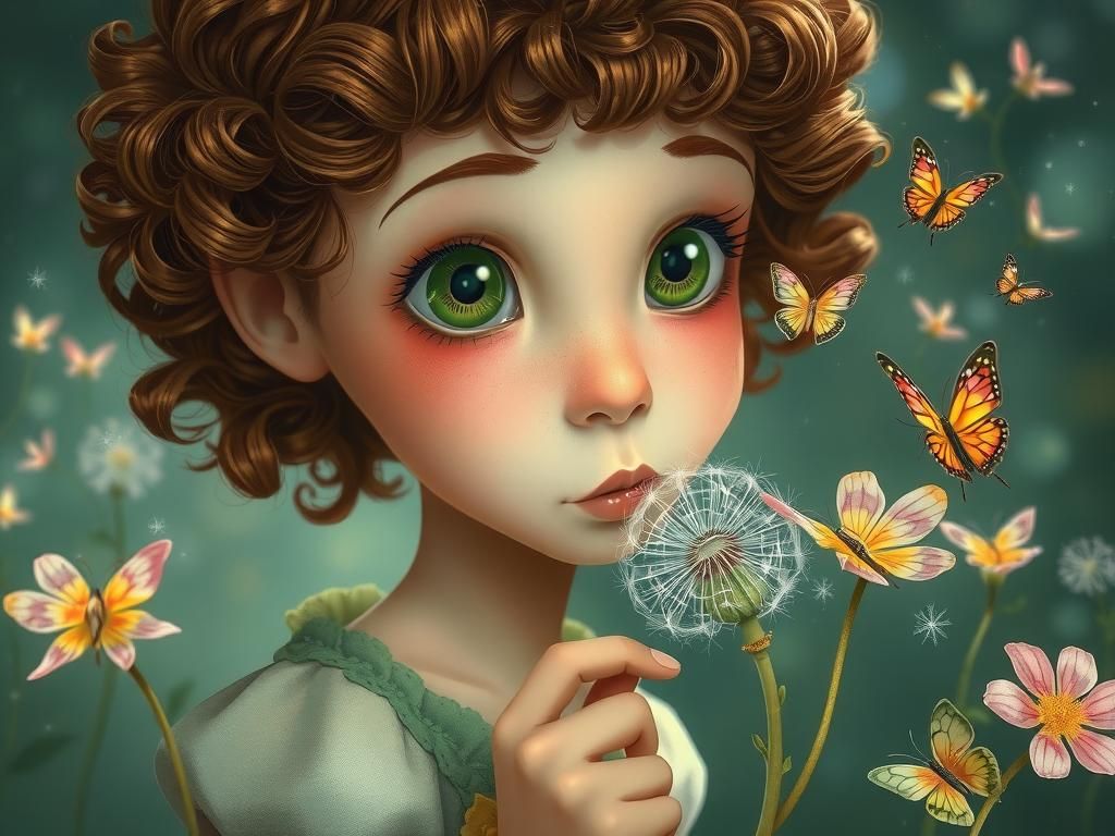 Girl with Dandelion and Butterflies in Whimsical Fantasy