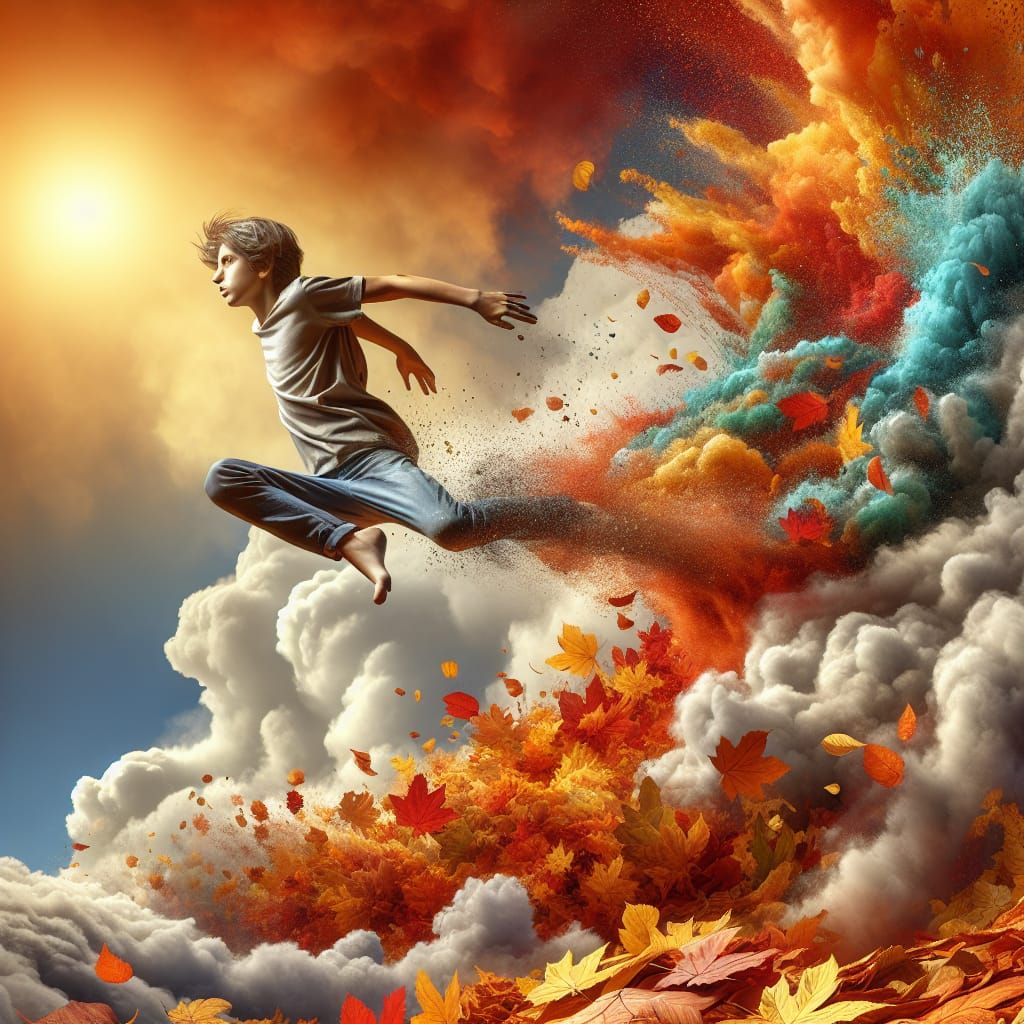 Boy Falls Through Cloud into Autumn Leaves