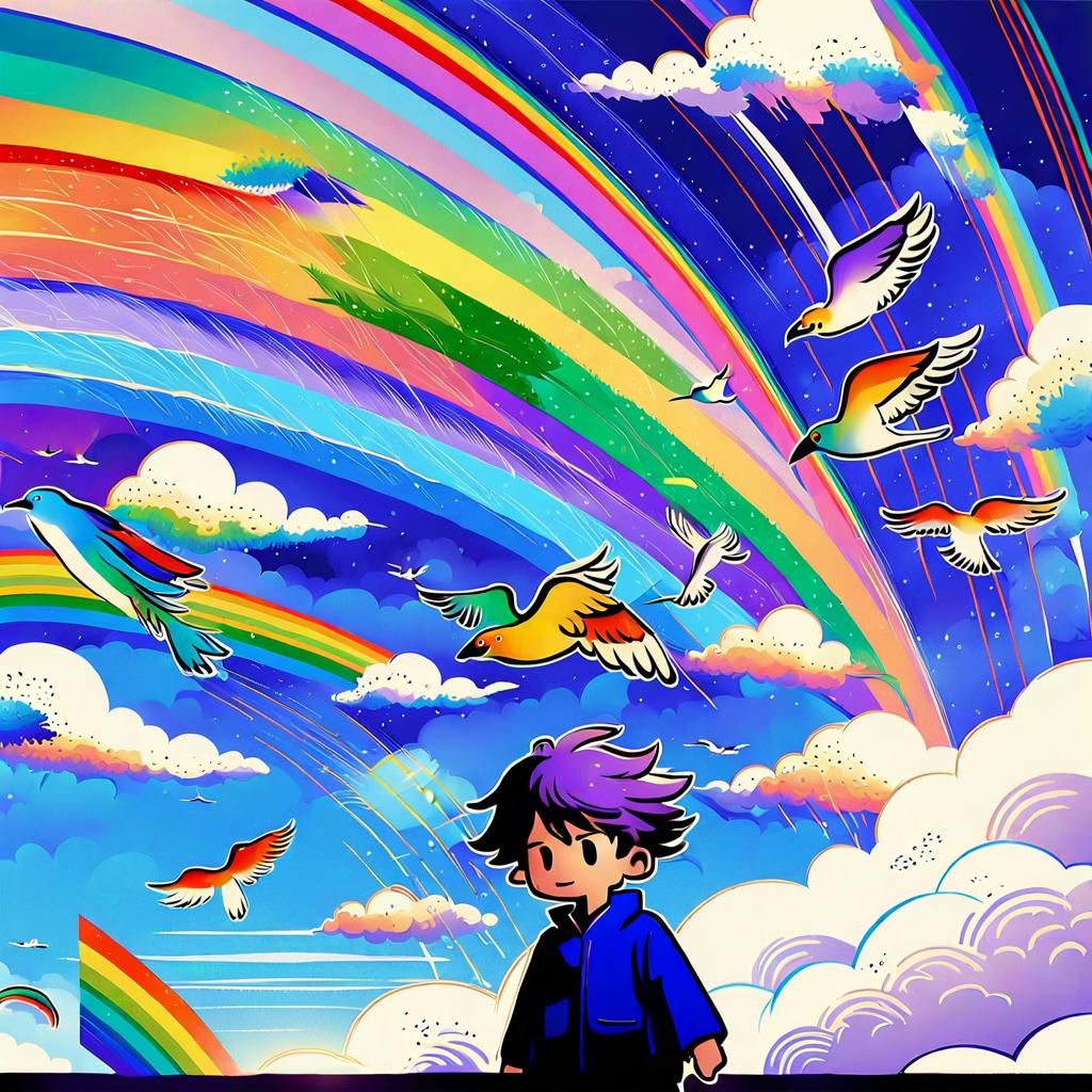 Boy Mesmerized by Rainbow: Anime-Inspired Digital Art