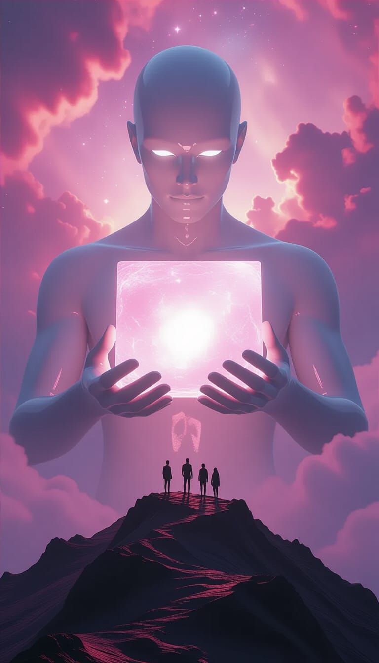 Cosmic Deity Holding Glowing Cube in Ethereal Nebula