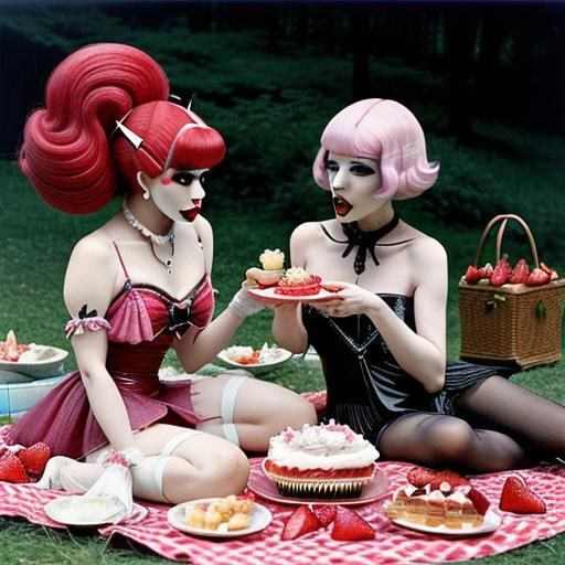 Goth gals eating strawberry shortcake.