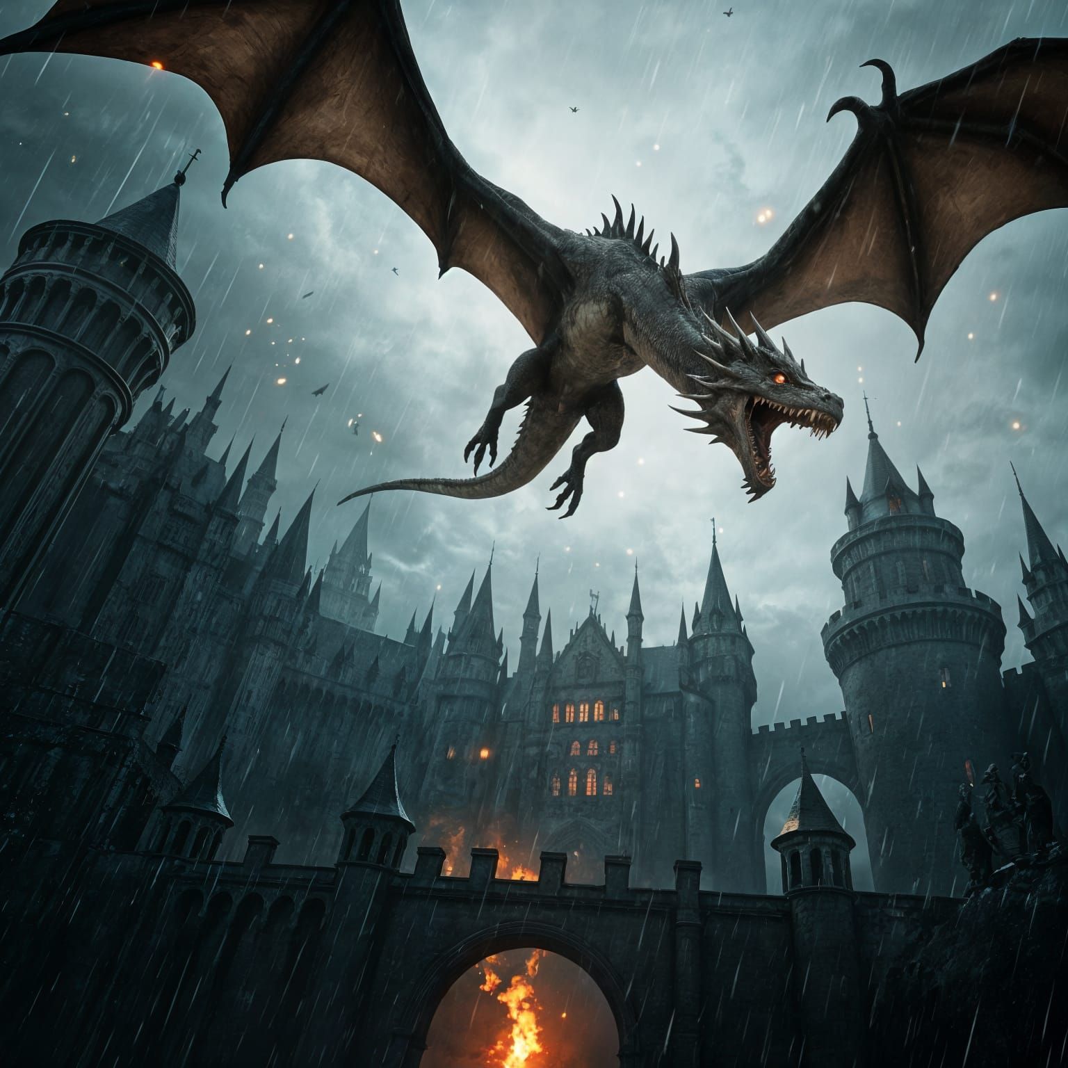 Dragon Plummets Towards Fantasy Castle in Photorealistic Sty...