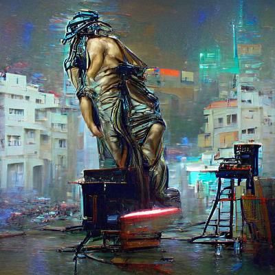 Cyberpunk Greek Statue: Oil Painting Style