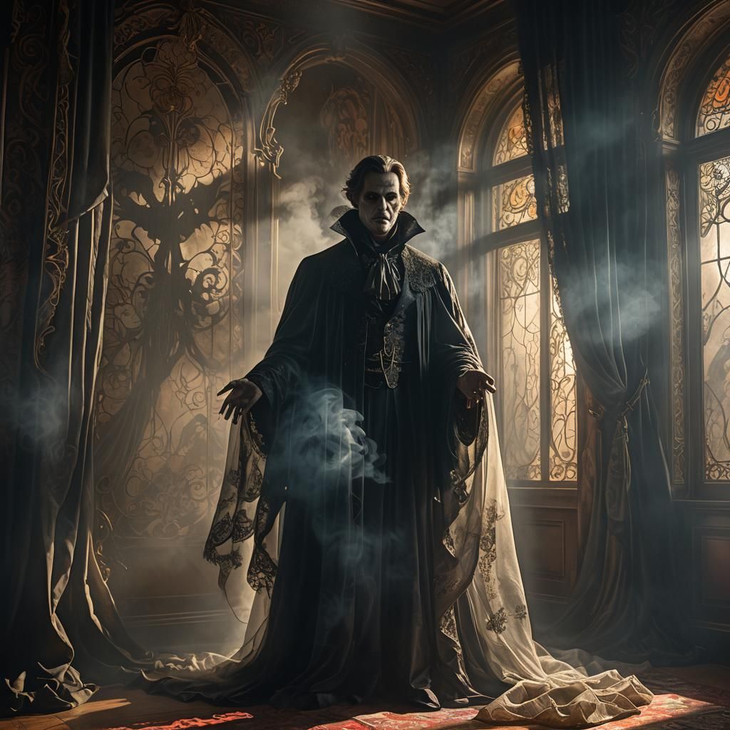 Against the full moon, a translucent shadow of a vampire gho...