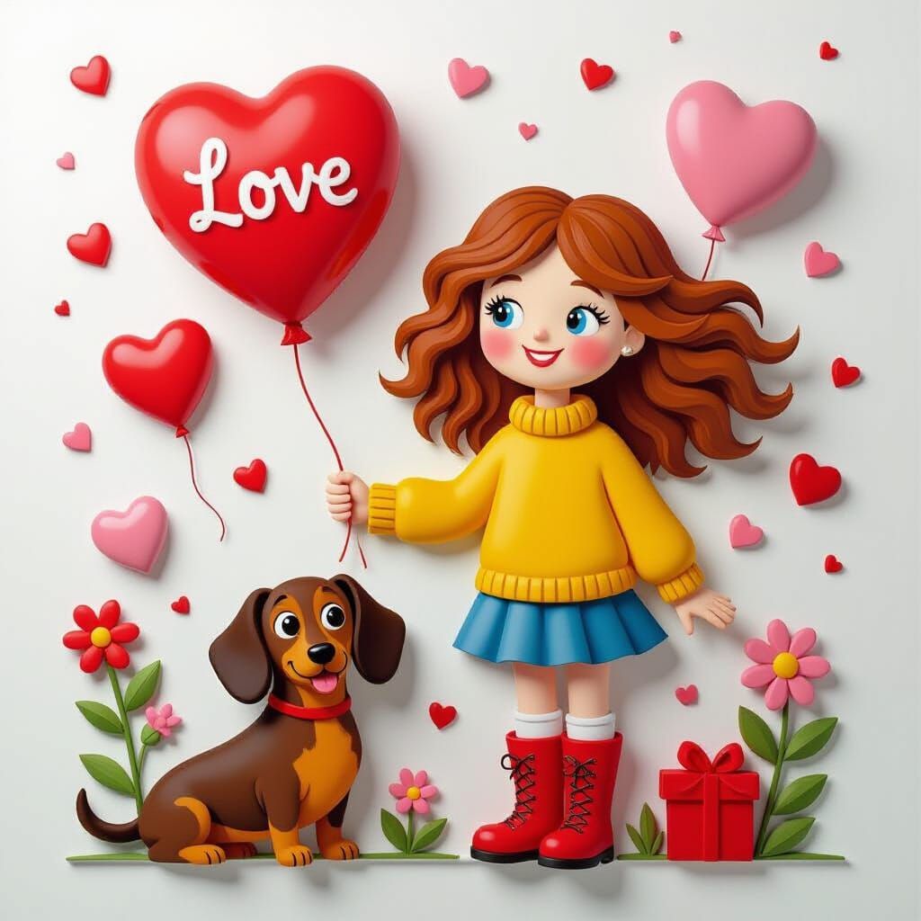 Girl With Dachshund and Balloons Acrylic Painting