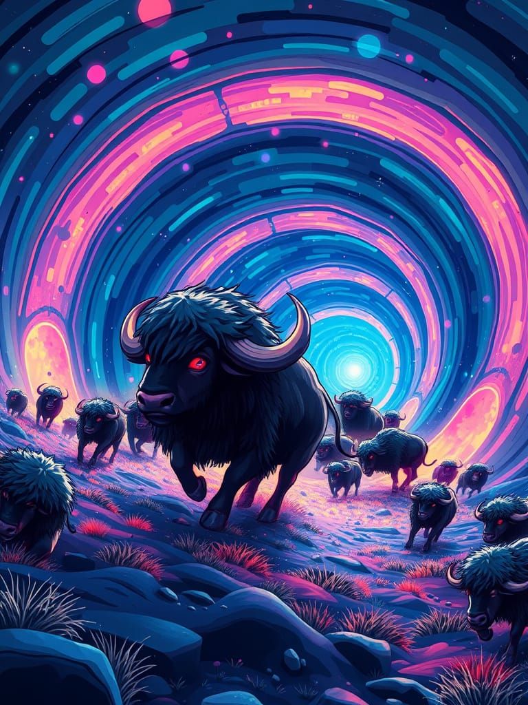 Neon Buffalo Herd in Psychedelic Swirl