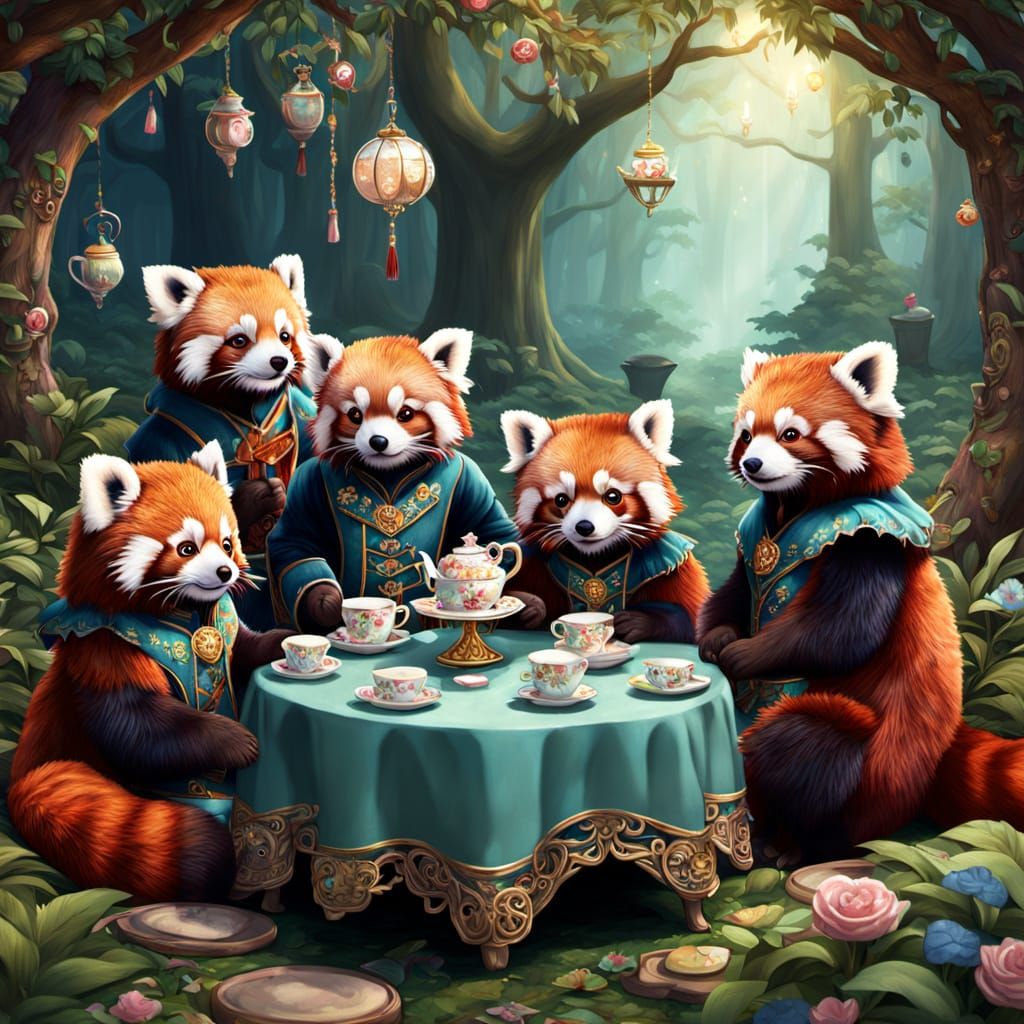 Red Pandas Enjoy Tea Party in Enchanted Forest
