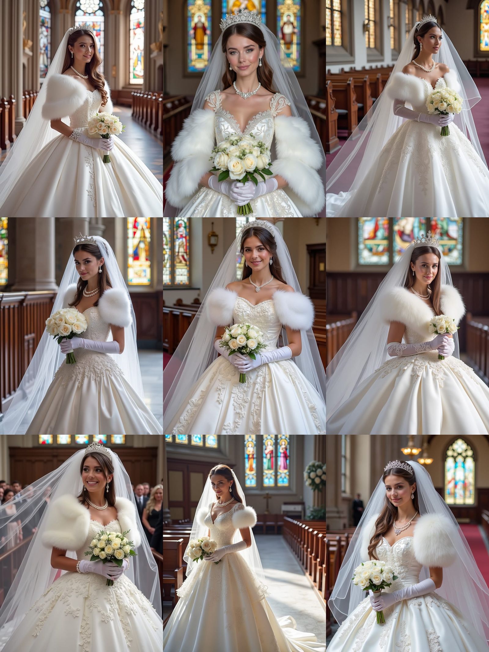 Bride in White Satin Tulle Wedding Dress