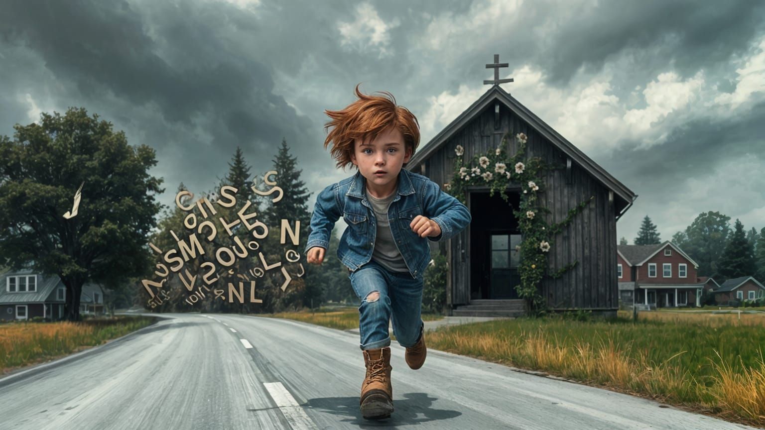 Young Boy Fleeing from Swarming Letters in a Haunting Landsc...