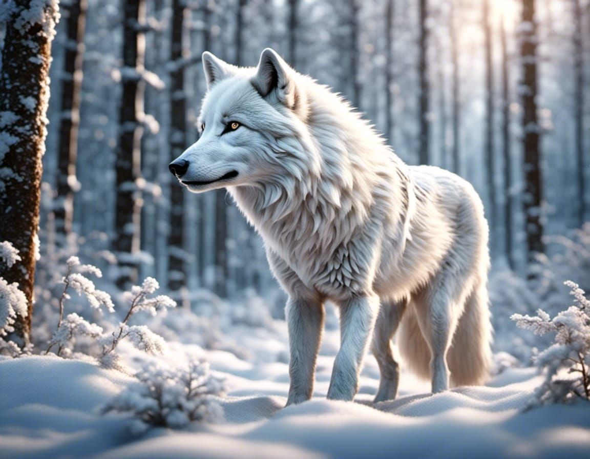 White Wolf in Snowy Forest: 3D Render