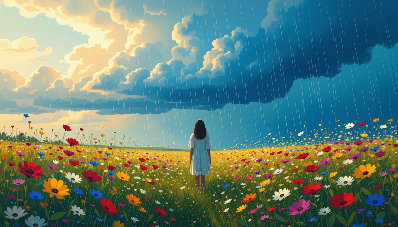 Lone Figure in Surreal Stained Glass Garden Under Light Rain