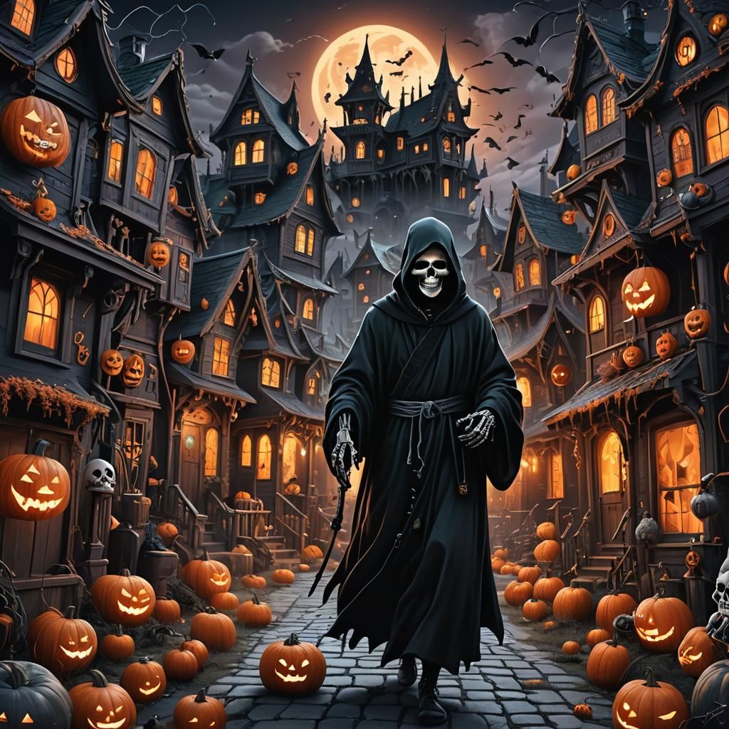 Skeleton in Halloween Houses: Dark Fantasy Concept Art