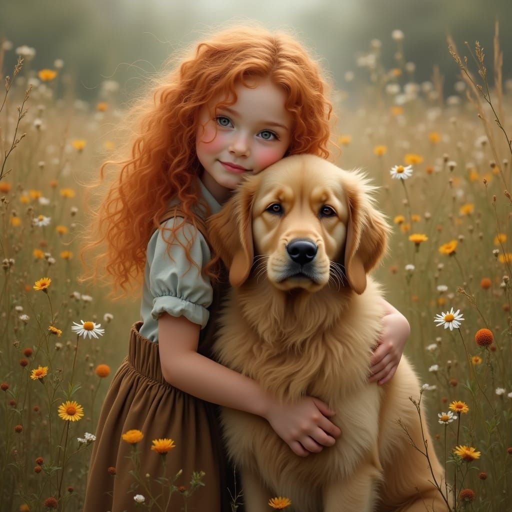 Girl Hugs Golden Retriever Amidst Wildflowers