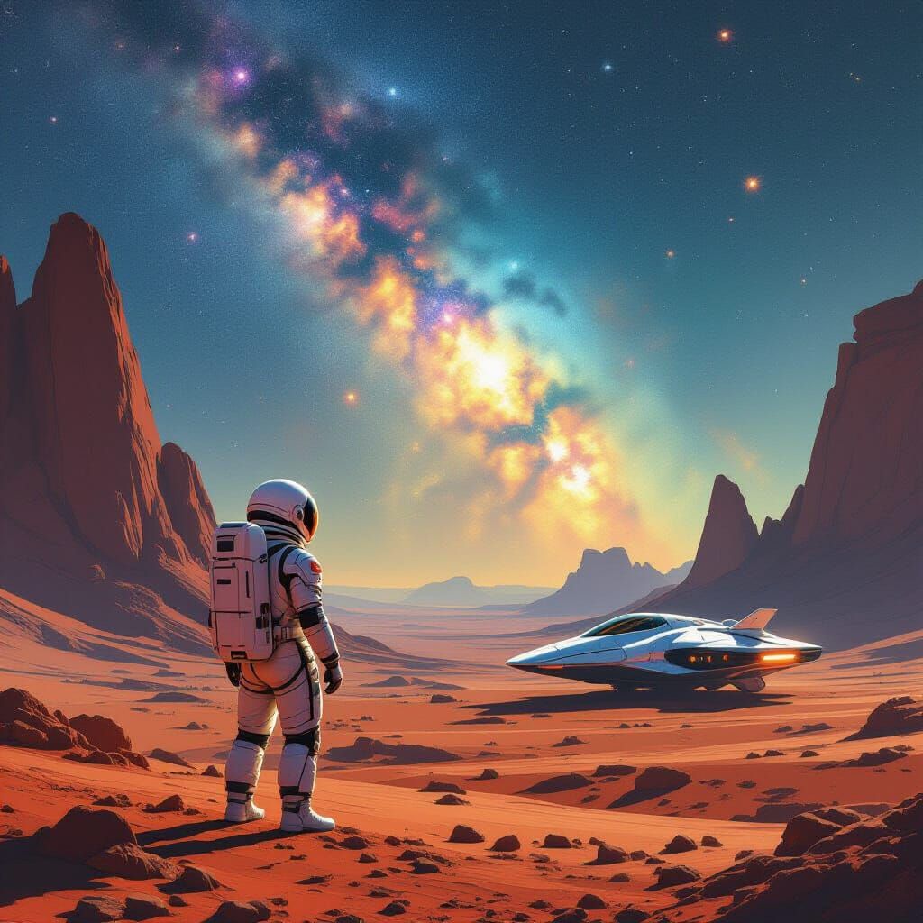 Astronaut Gazes at Nebula Sky on Alien Planet