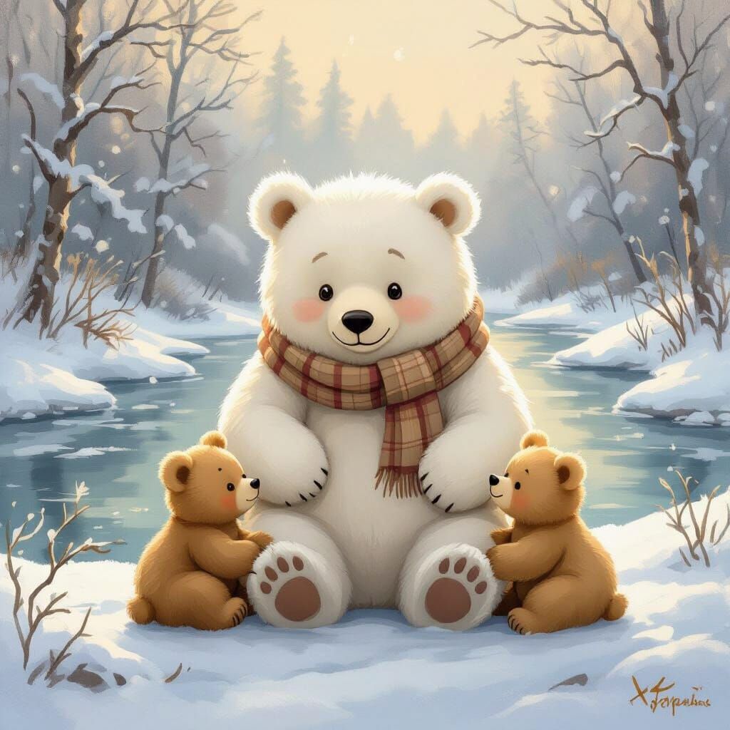 Chubby Polar Bear Family at Frozen River, Whimsical Art