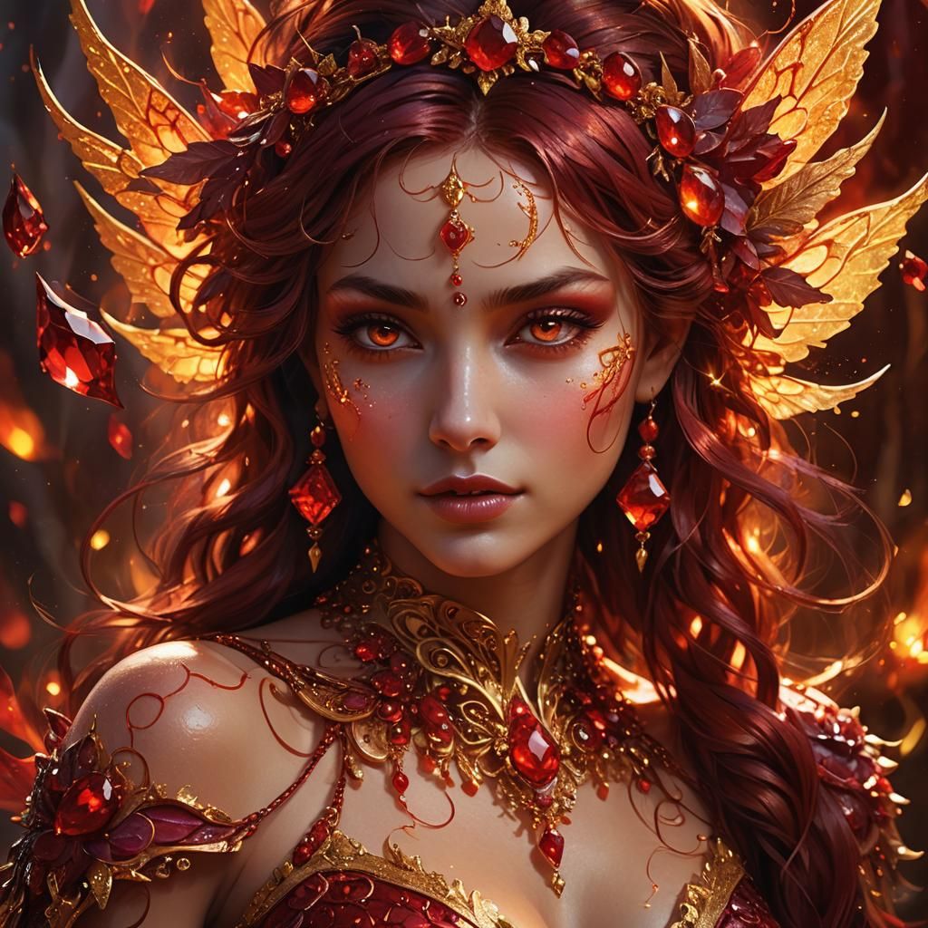 Fiery Ruby Fairy with Golden Accents in Fantasy Art