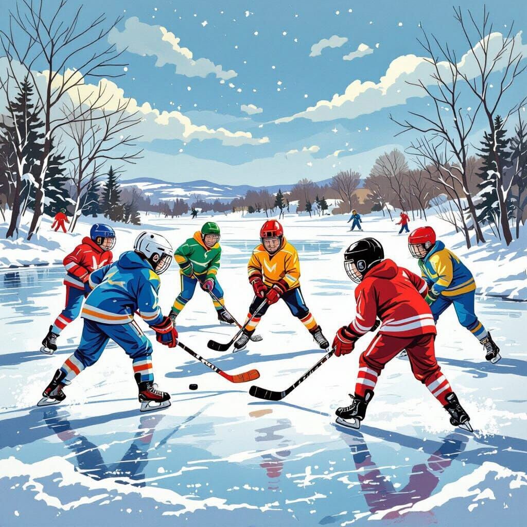 Children Play Ice Hockey in 1950s Comic Style