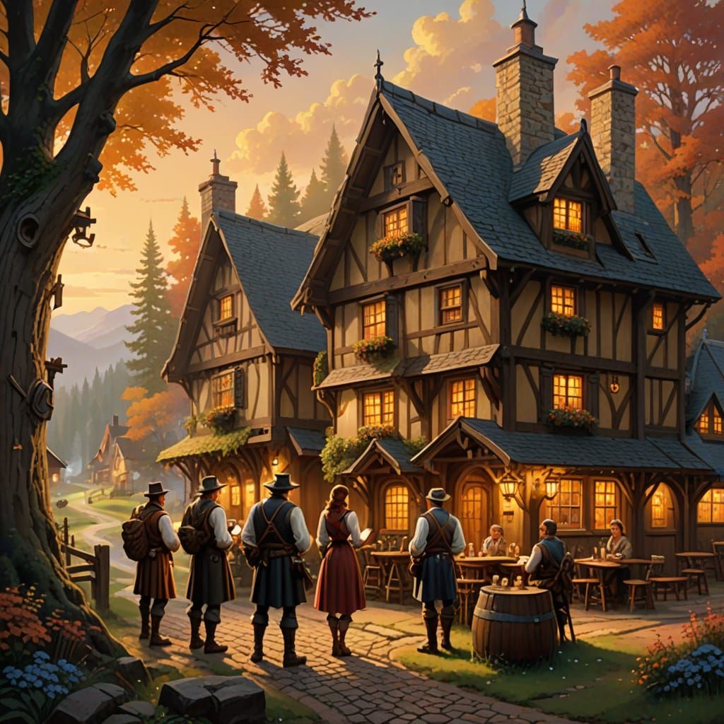 Adventurers Gather at Rustic Inn in Golden Light