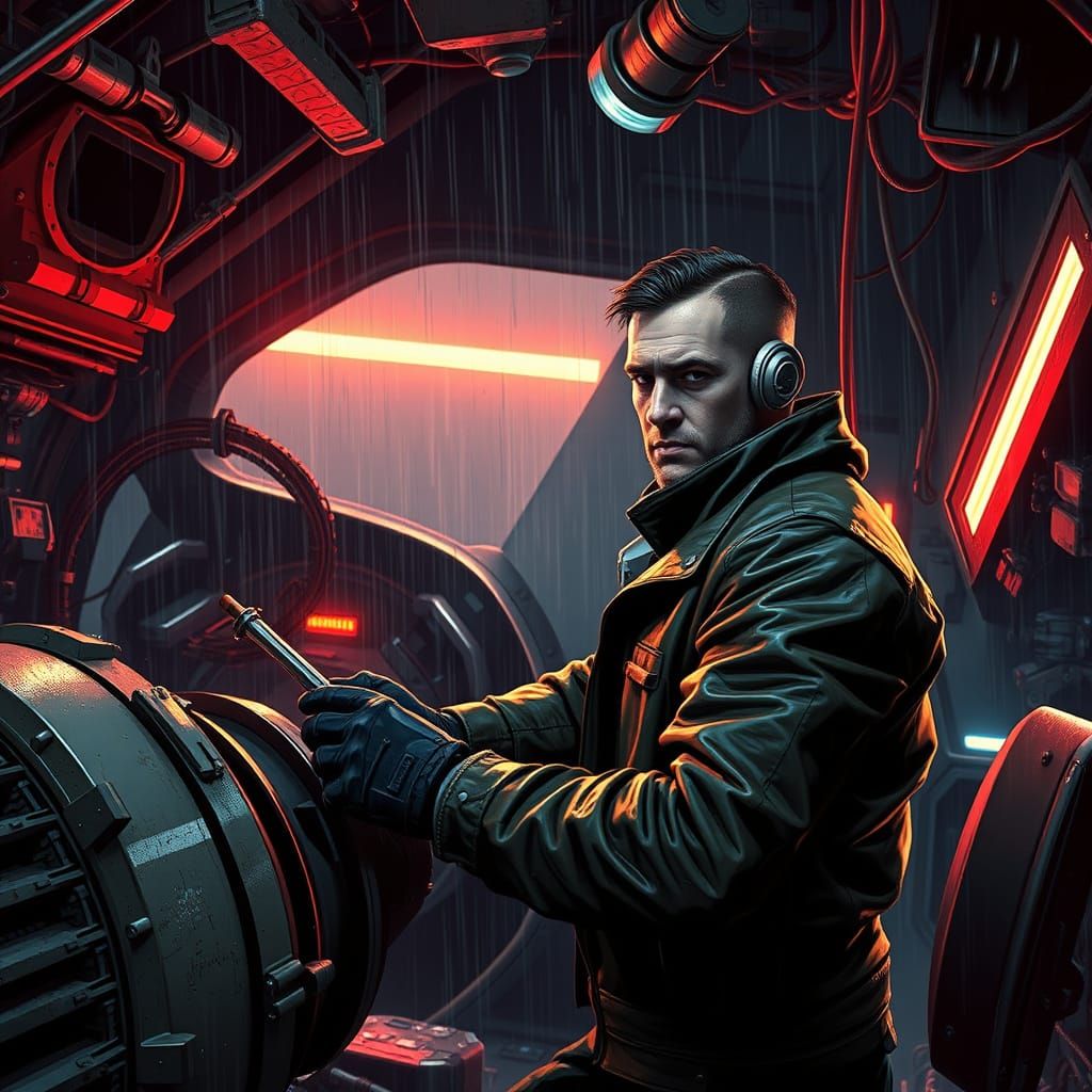 Cyberpunk Captain Repairs Spaceship Engine in Rainy Hangar