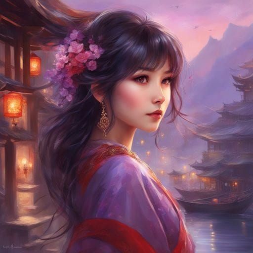 Beautiful Japanese Girl Portrait in Purple and Red