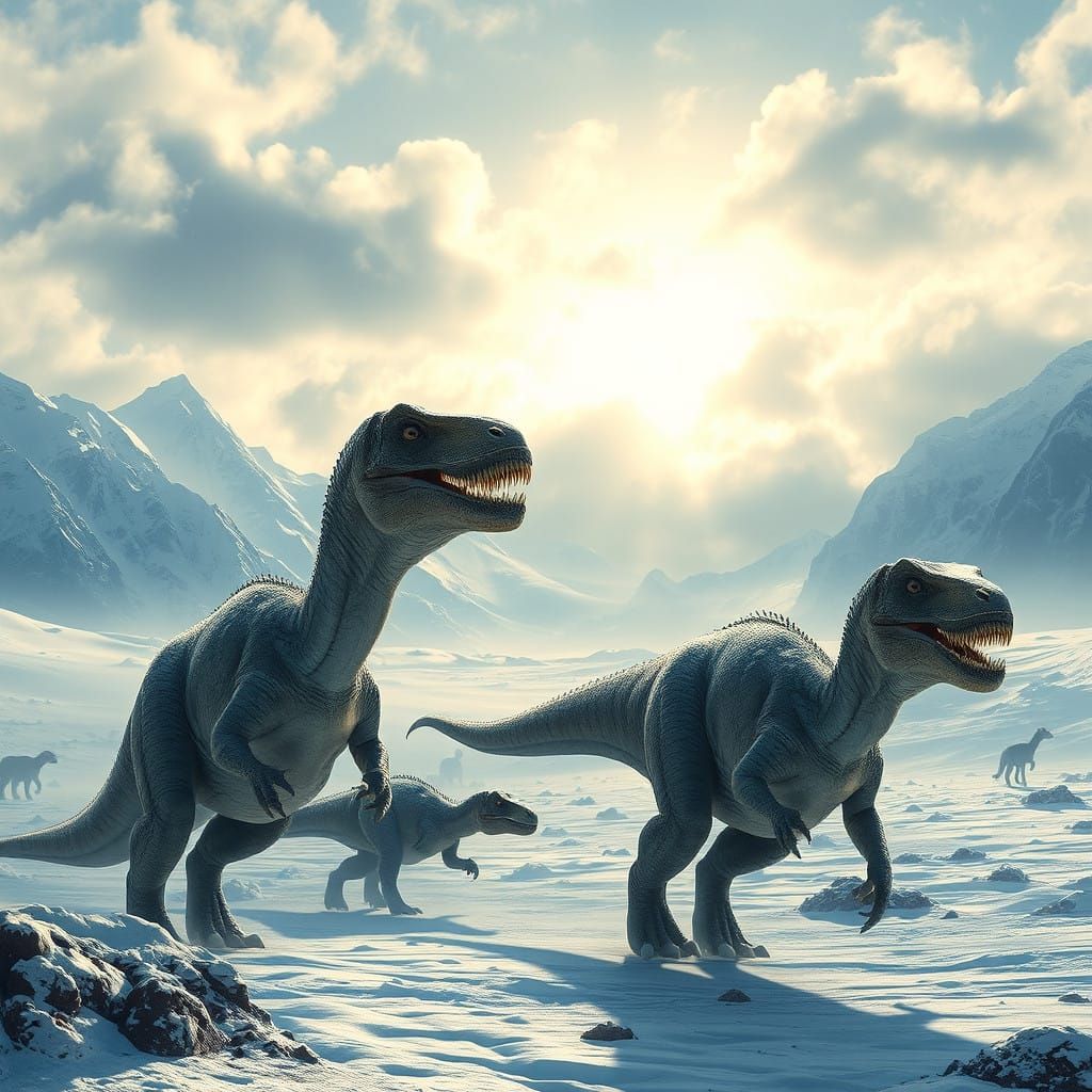 Hyper-Realistic Dinosaurs in a Futuristic Arctic Landscape