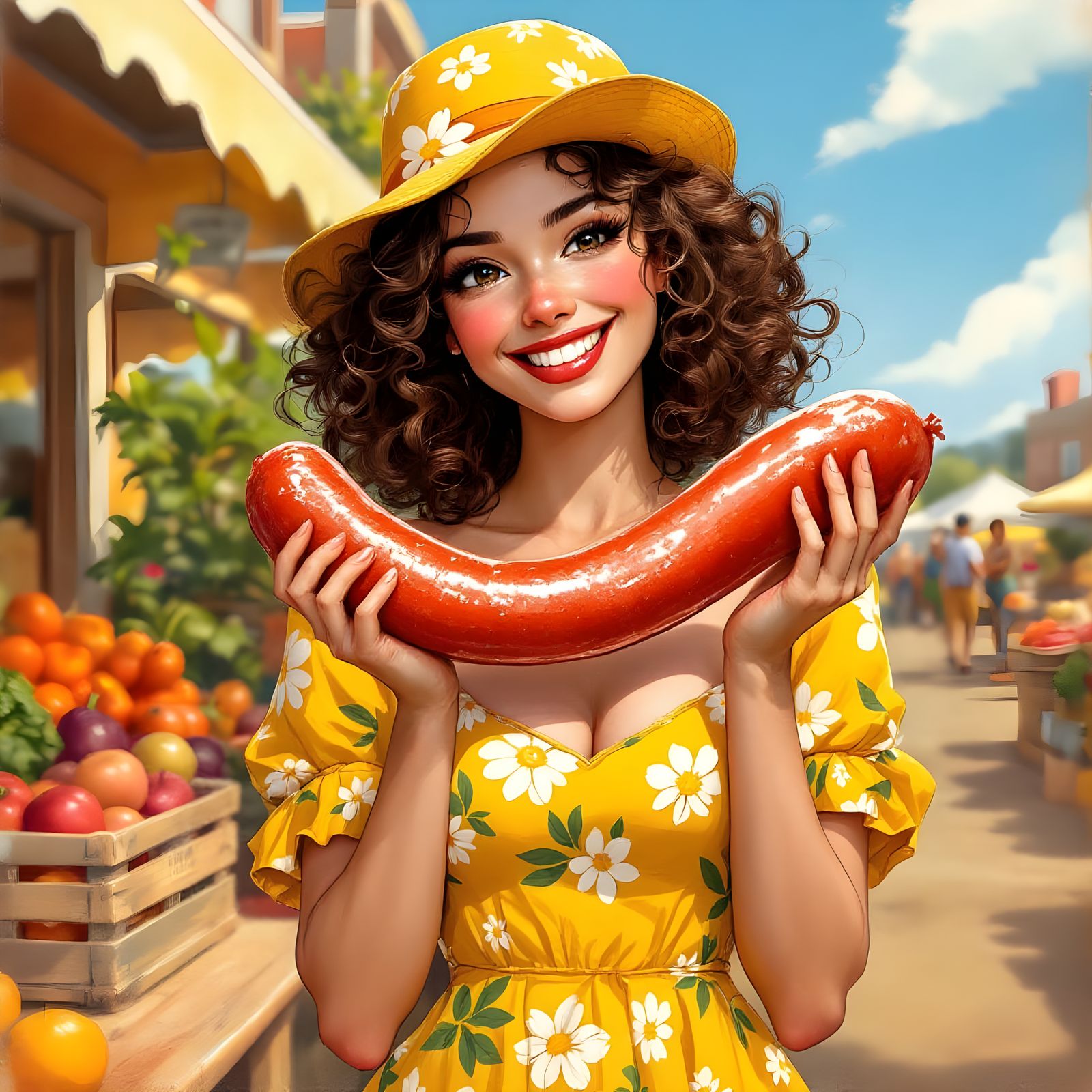 Woman Holds a Plump Sausage Between Her Teeth