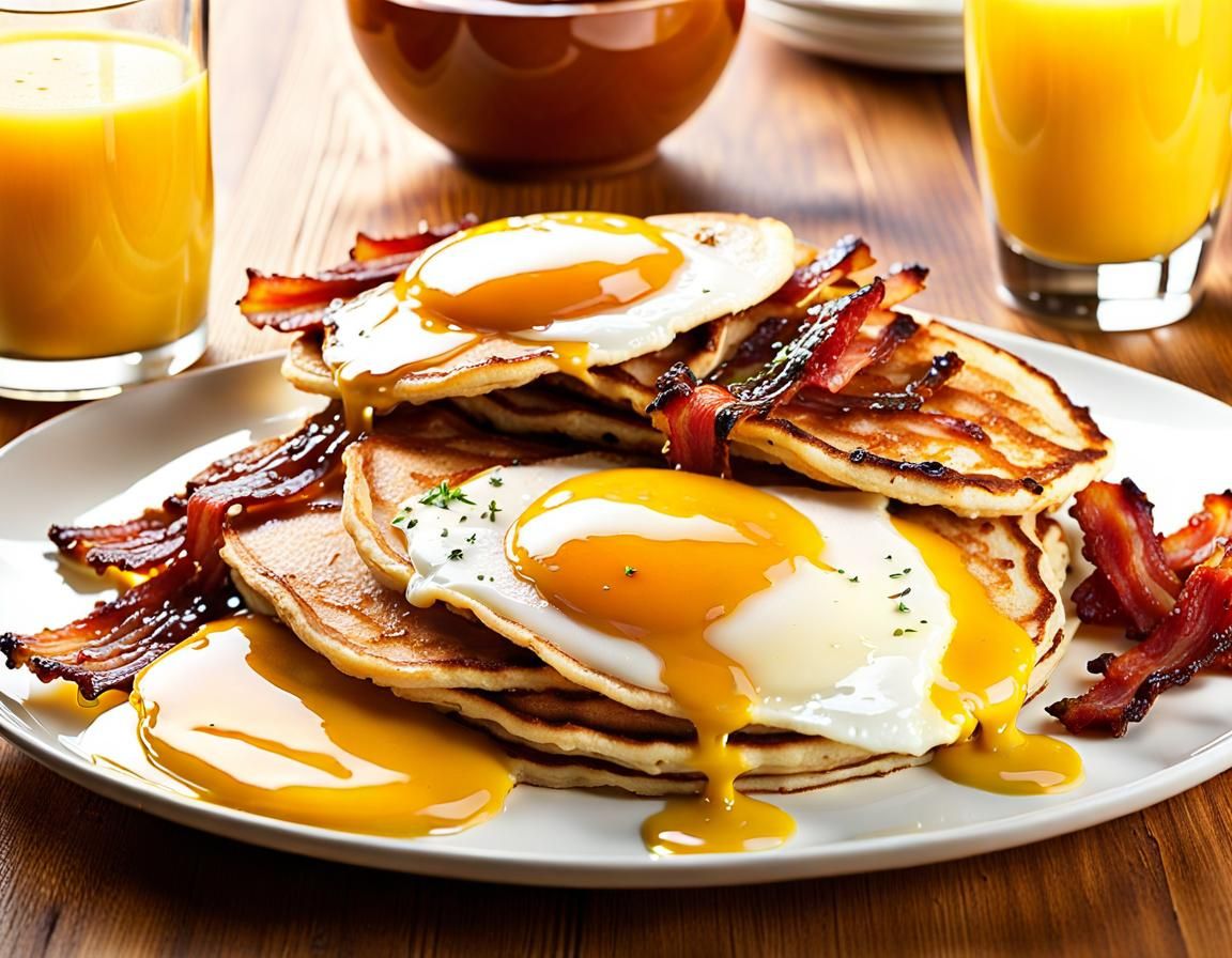 Pancakes, Eggs, Bacon and Orange Juice Breakfast