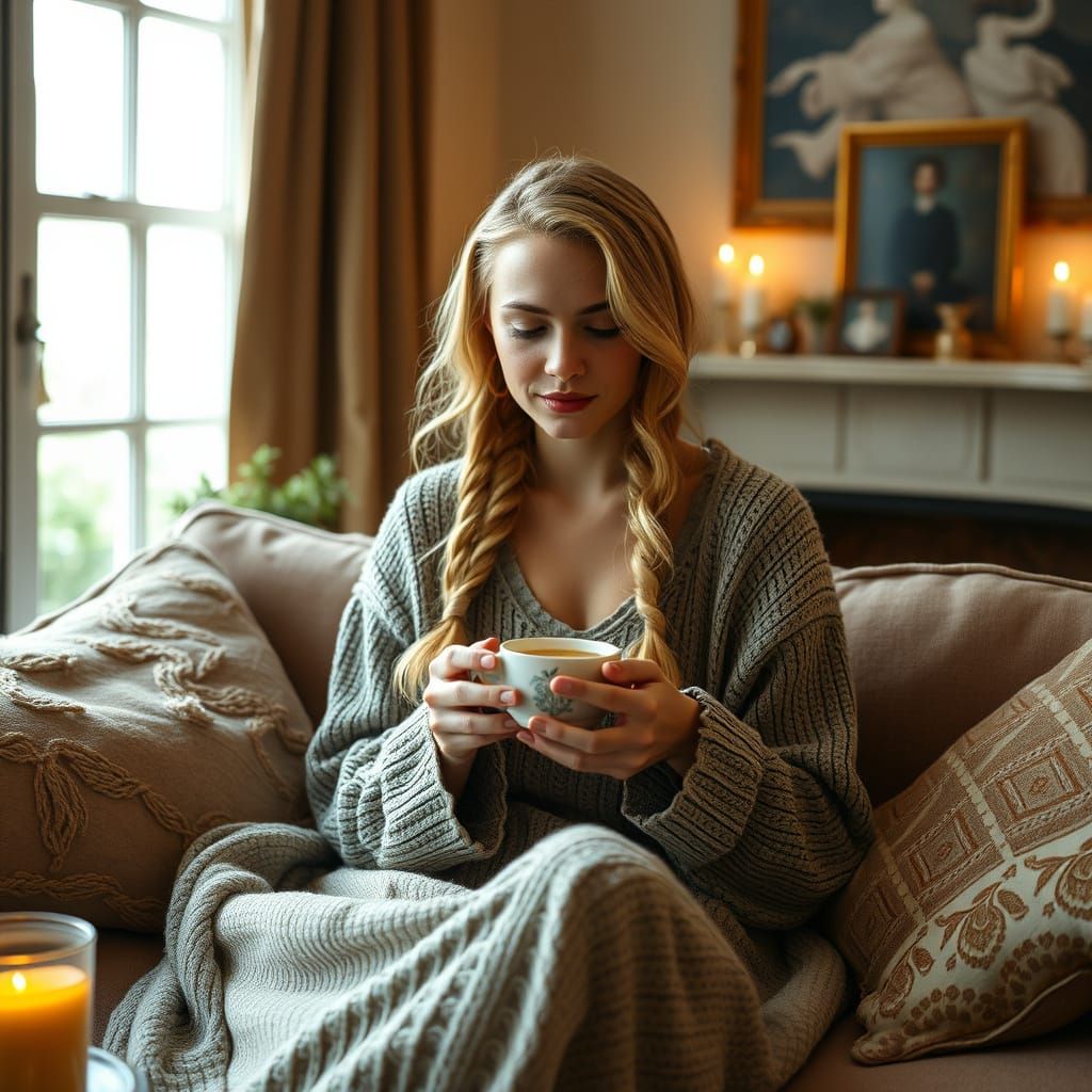 Serene Bohemian Woman in Cozy Morning Moment